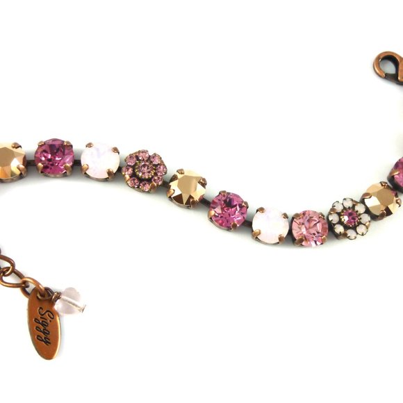 Swarovski Crystal Flower Embellished Pink Tennis Bracelet Antique Copper Finish - Picture 3 of 3